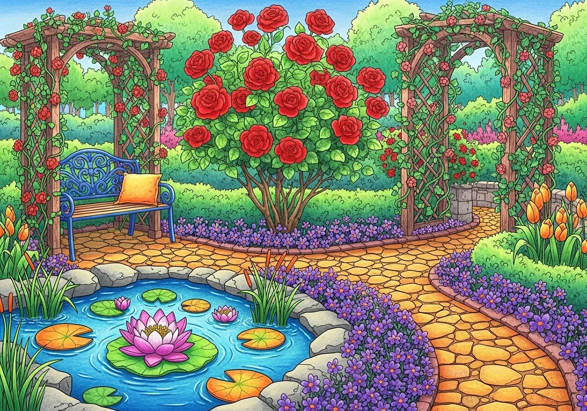 Garden scene with equal amounts of strong complements fighting for attention