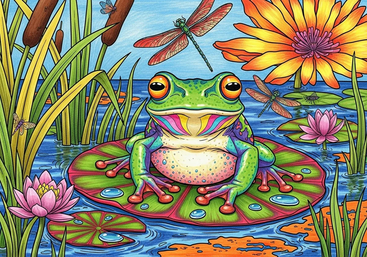 Frog artwork with too many vibrating complementary edges creating visual chaos