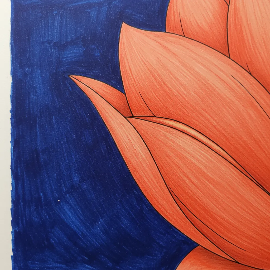 Close‑up coloured‑pencil detail showing a coral‑orange edge touching deep blue for a vibrating complementary border