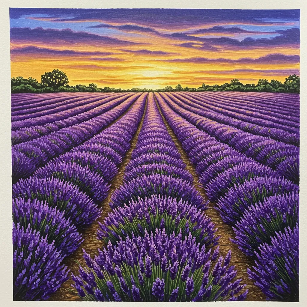 Coloured‑pencil landscape: golden yellow light over purple lavender rows illustrating yellow–purple contrast