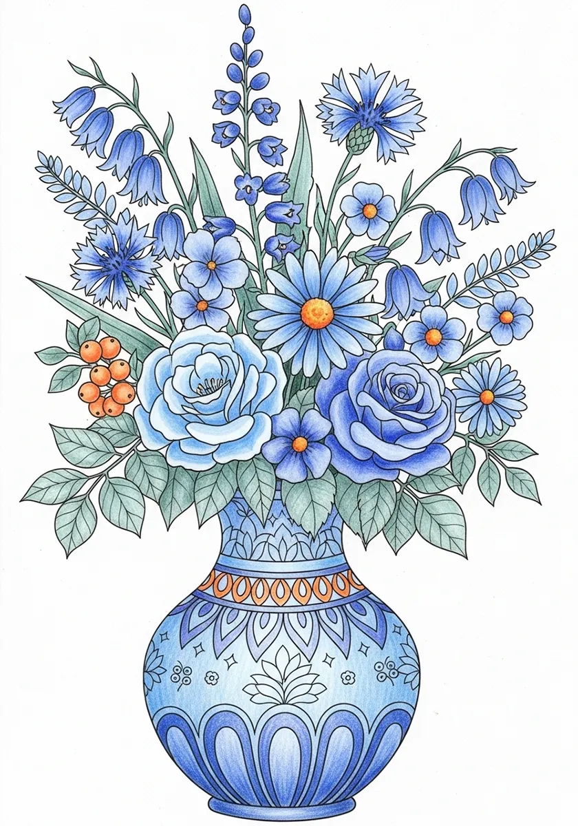 Coloured‑pencil still life: deep blue vase with small orange accents showing blue–orange complement